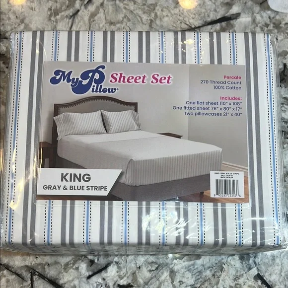 Gray and Blue Striped Bedding Sheets - Picture 1 of 2